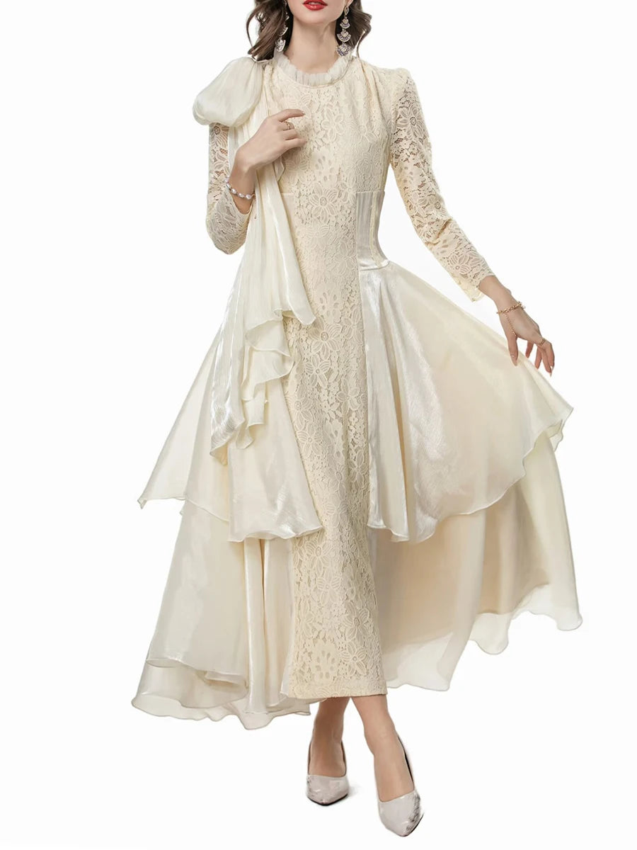 Solid Spliced Lace Up Long Dresses For Women O Neck Long Sleeve High Waist Temperament Dress Female Fashion Style