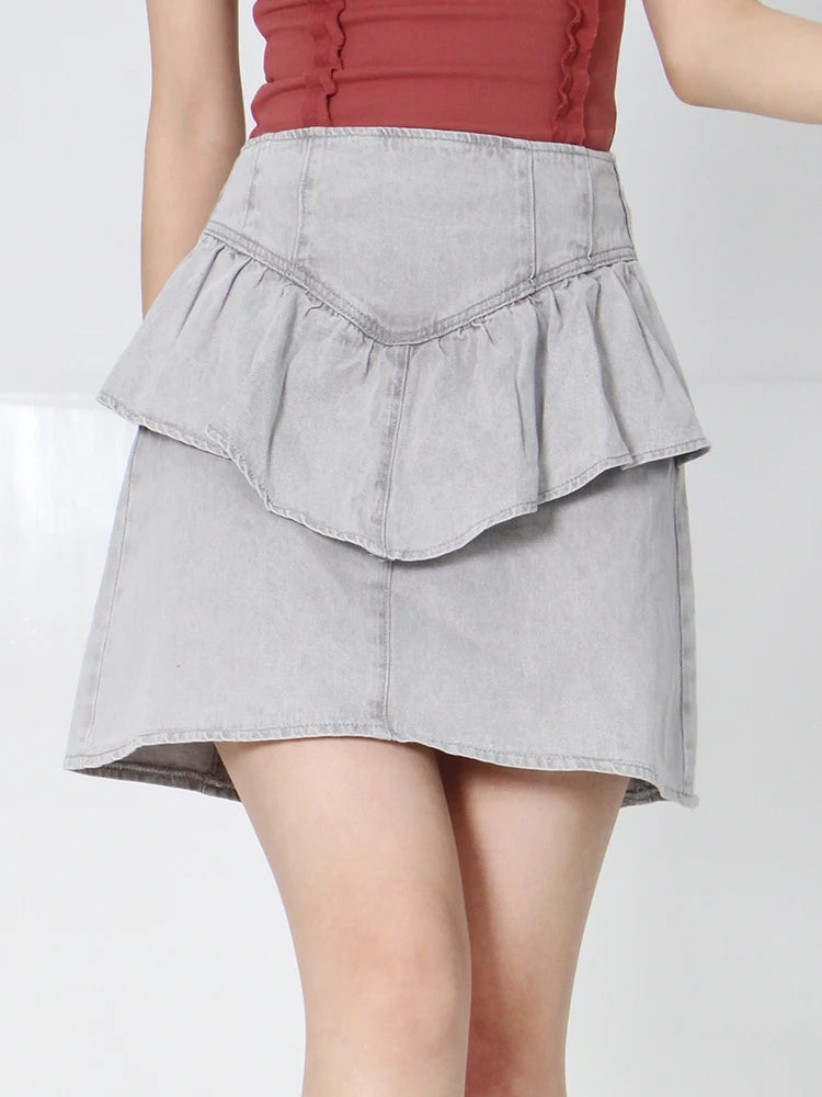 Casual Patchwork Ruffle Trim Skirt For Women High Waist Loose Solid Mini Skirts Female Summer Clothing Style