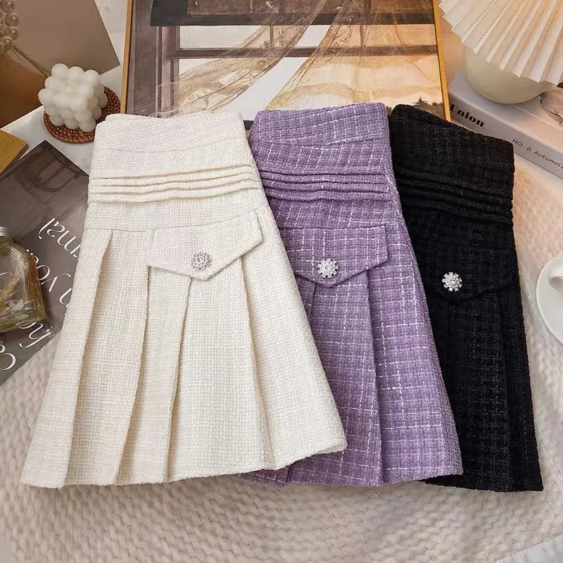 Solid Sexy Club Tweed Pleated Short Skirts For Women High Waist Slim Skirts Autumn Winter 2023 Wool Mini Skirt Korean Versatile