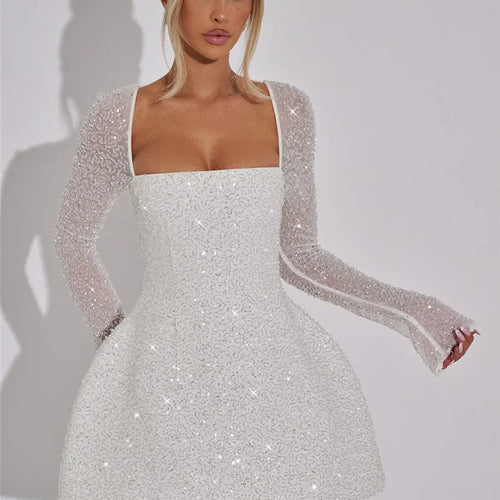 Load image into Gallery viewer, Sequins Long Sleeve Backless Sexy Mini Dress Women Robe Fashion Sparkle Lace-up High Waist A-line Club Dress Vestido
