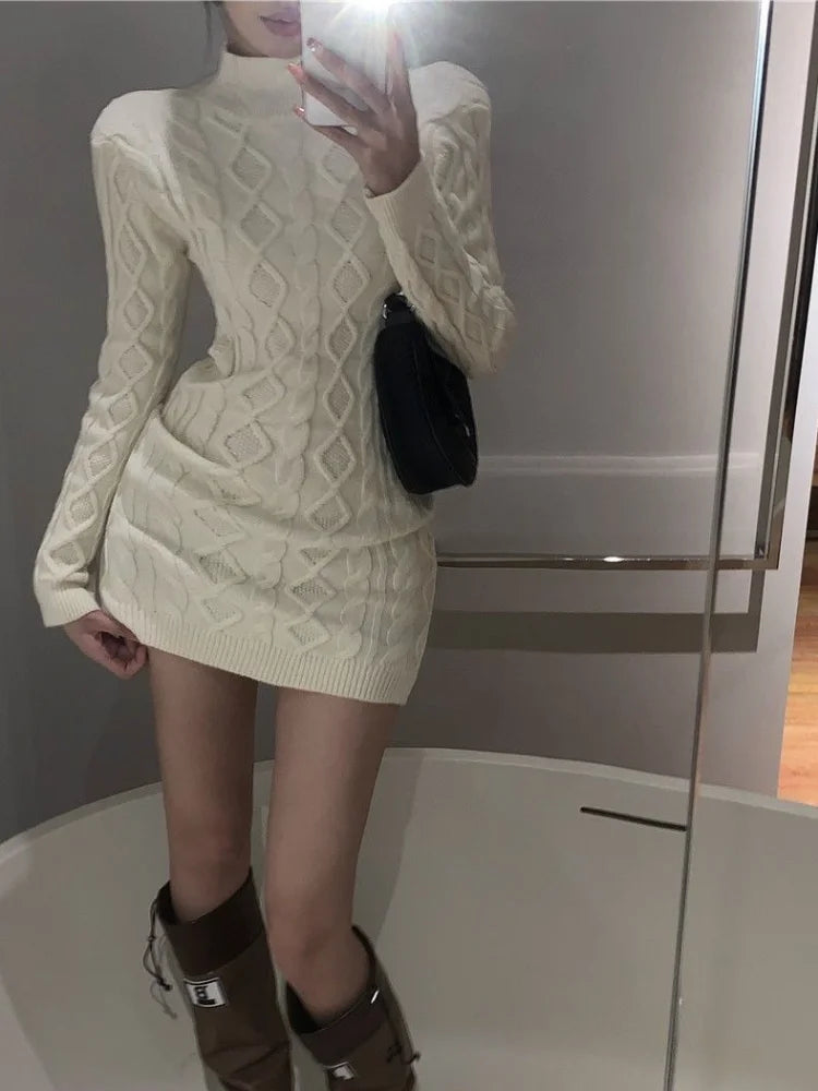 Sexy Backless White Knit Knitted Sweater Dress Women Korean Style Fashion Kpop Bodycon Slim Mini Short Dresses