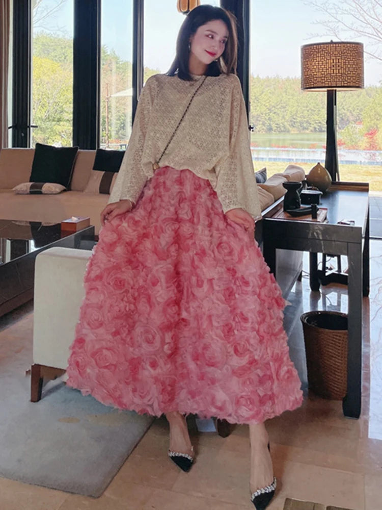 Elegant Long Skirts For Female High Waist Patchwork Florals Pink Mesh Midi Korean Style Women's Skirt Clothing