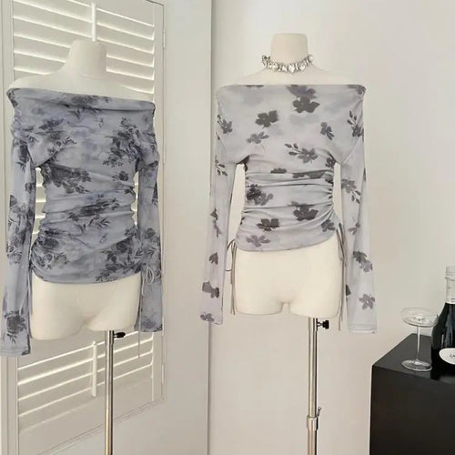 Load image into Gallery viewer, Spring Women Blue Grey Print Elegant Long Sleeve T Shirt French Fashion Ladies Off Shoulder Slim Tops Casual Clothes Trendy Chic
