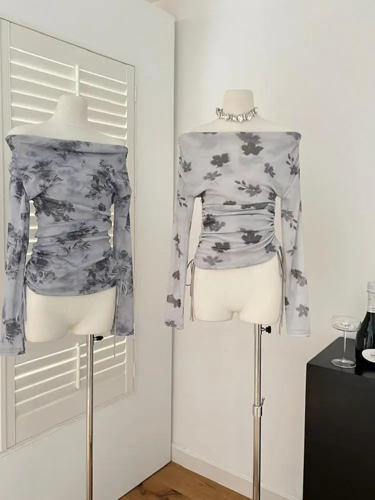 Spring Women Blue Grey Print Elegant Long Sleeve T Shirt French Fashion Ladies Off Shoulder Slim Tops Casual Clothes Trendy Chic