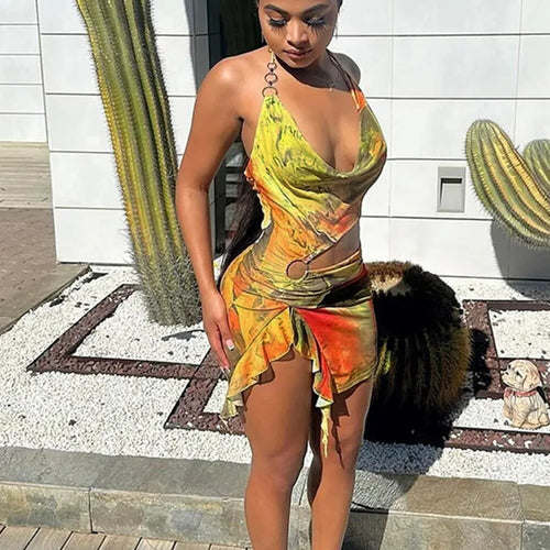 Load image into Gallery viewer, Sexy Hanging Collar 2024 Summer Irregular Tie Dye Hollow Out Dress Women's Mesh Print Lace Up Dress Beach Party Clothing
