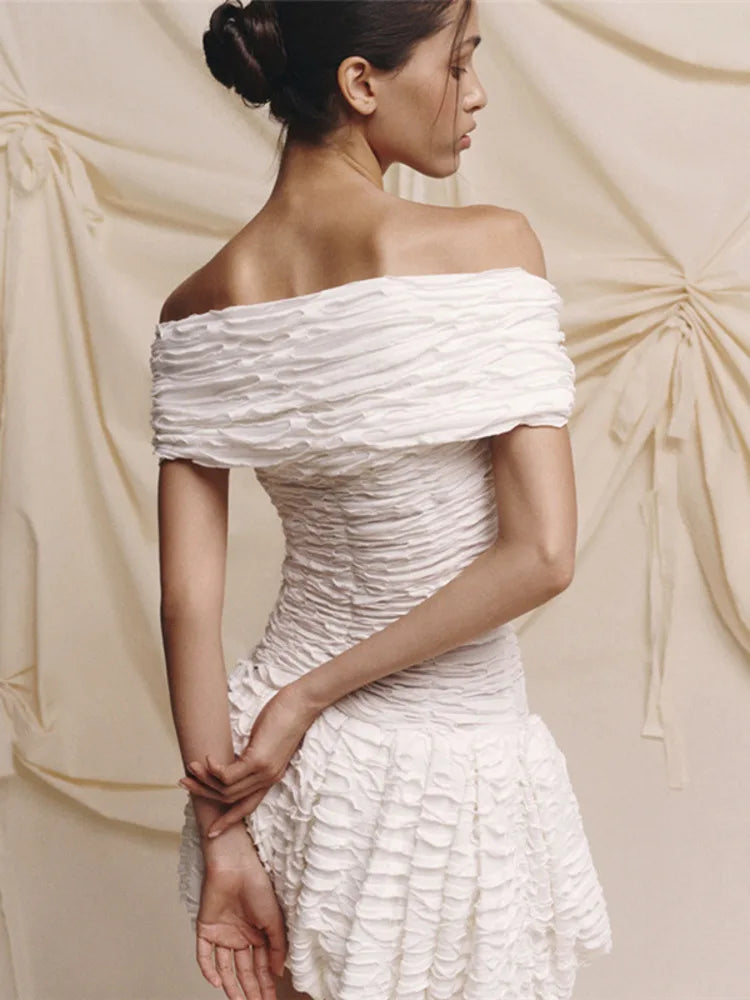 Sexy Off-shoulder Sleeveless Pleated A-line Mini Dress For Women Patchwork Slim Fit Summer Robe High Waist Party Dress