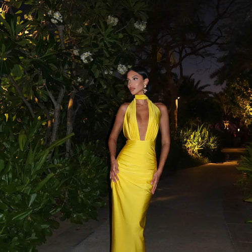 Load image into Gallery viewer, Elegant Spaghetti Strap Satin Bodycon Split Long Dress Women's Sexy Deep V Backless Evening Dress Female Party Clubwear
