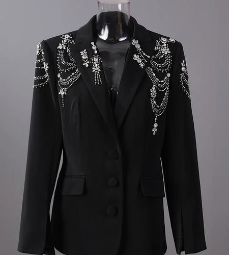 Women Black Rhinestones Nailed Big Size Elegant Blazer New Lapel Long Sleeve Jacket Fashion Spring Autumn 2025 5ZD1434