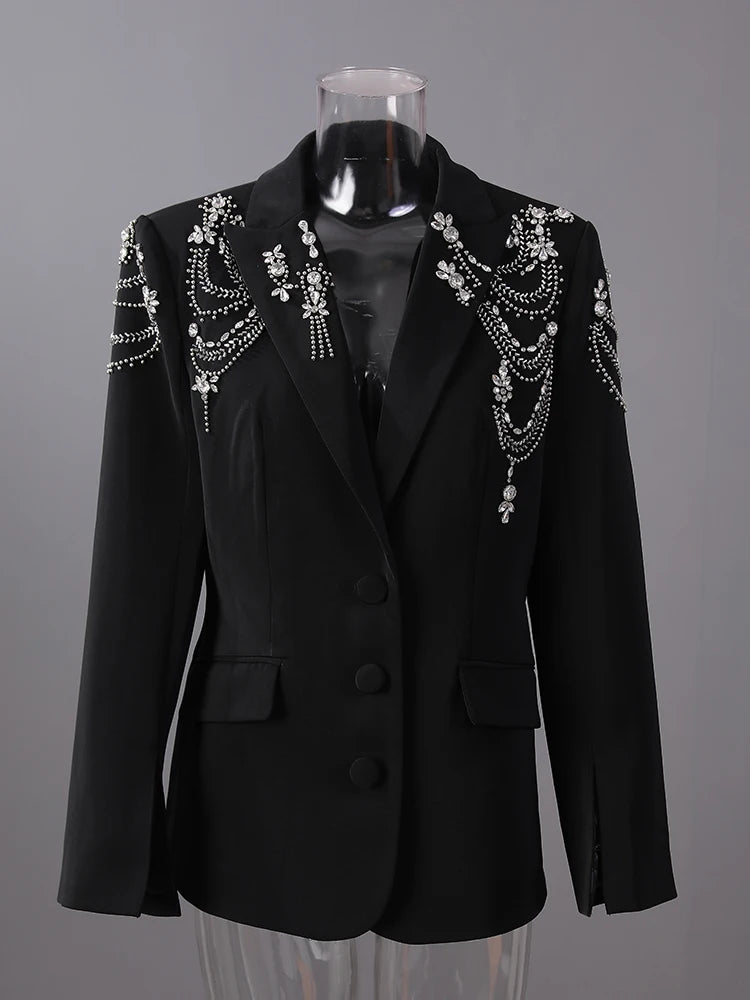 Women Black Rhinestones Nailed Big Size Elegant Blazer New Lapel Long Sleeve Jacket Fashion Spring Autumn 2025 5ZD1434