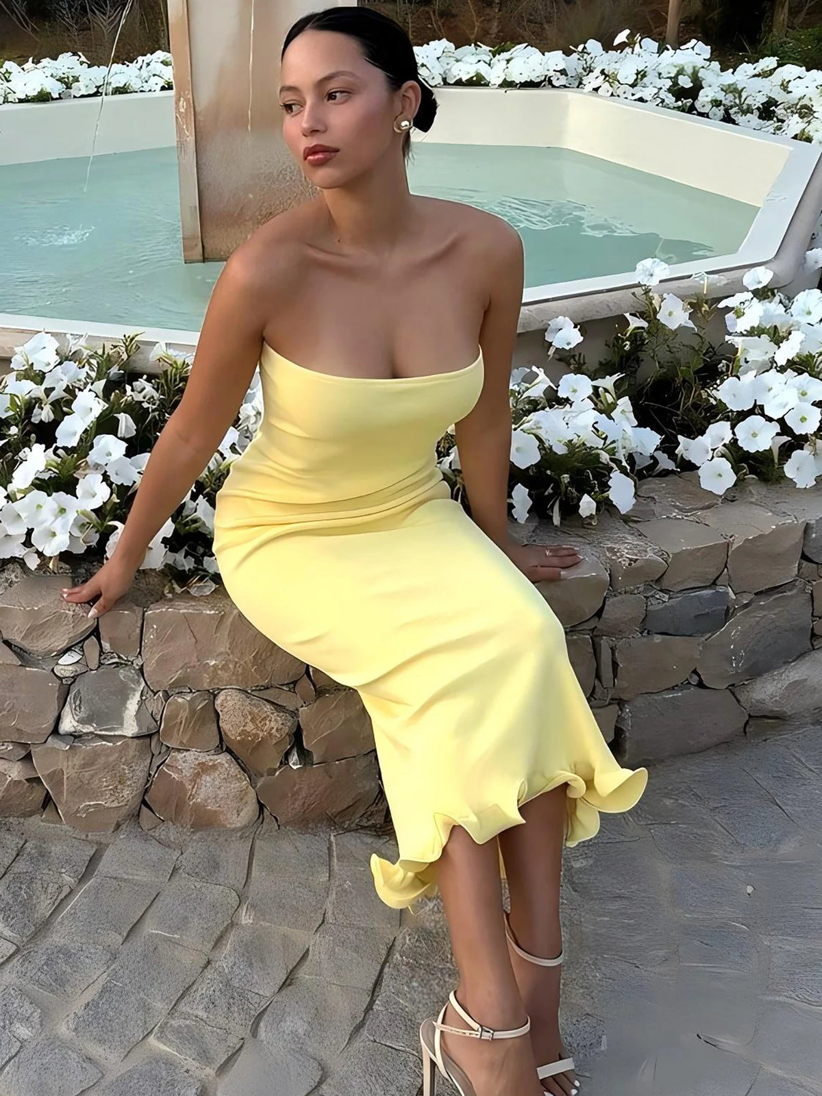 Elegant Solid Strapless Ruffles Sexy Bodycon Maxi Prom Dress Summer Women Fashion Outfit Birthday Party Festival