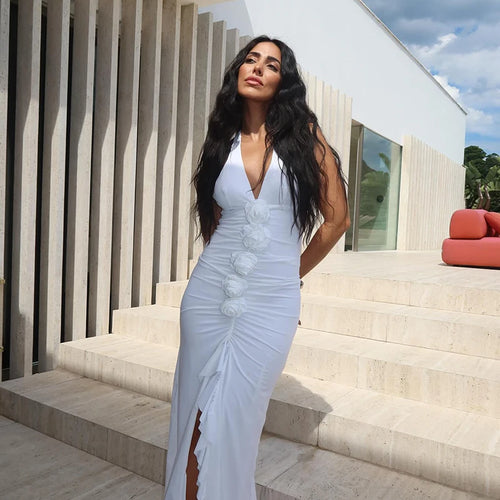 Load image into Gallery viewer, White Floral Ruched Sexy Maxi Dress For Women Gown Halter Deep V Neck Sleeveless Ruffled Bodycon Club Long Dress
