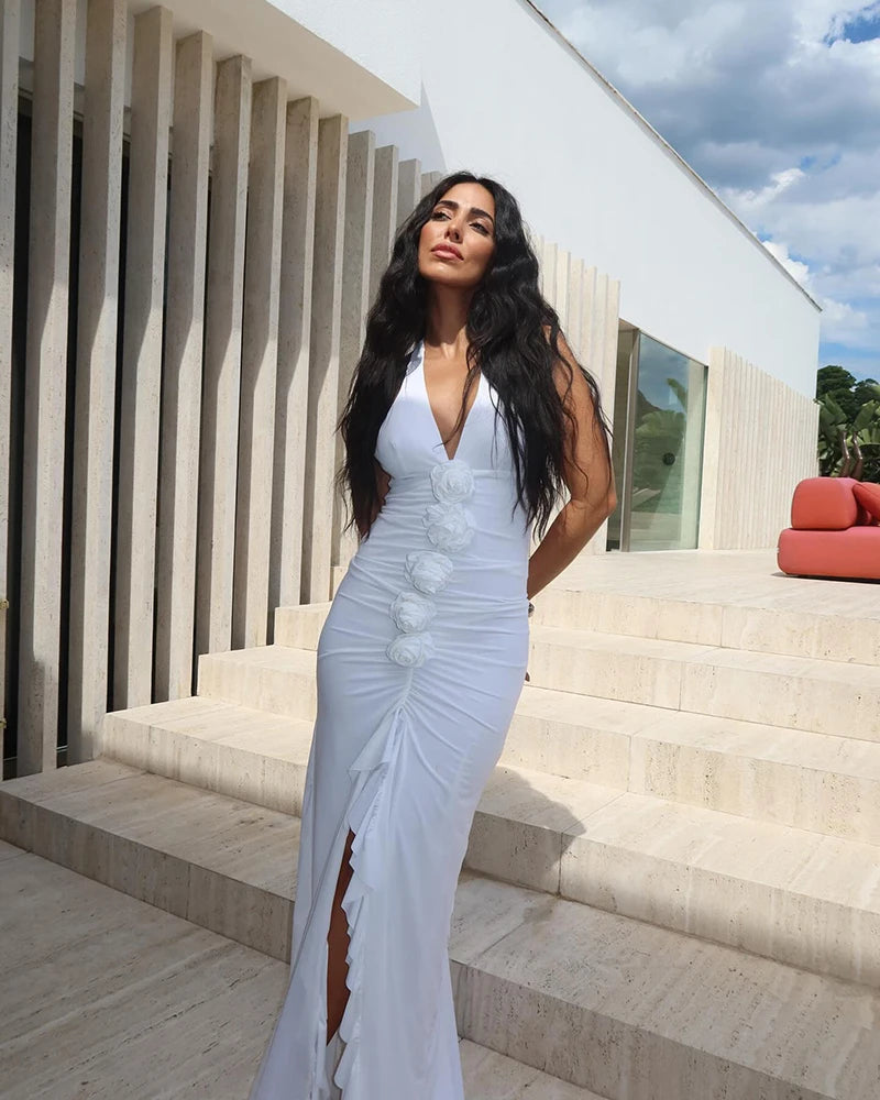 White Floral Ruched Sexy Maxi Dress For Women Gown Halter Deep V Neck Sleeveless Ruffled Bodycon Club Long Dress