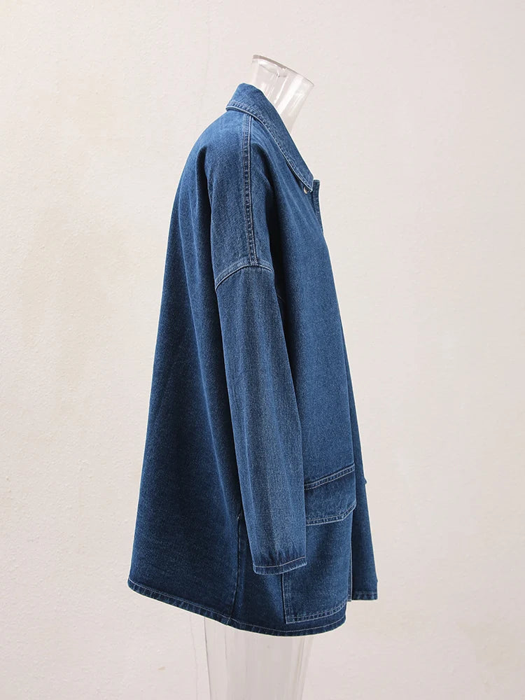 Blue Denim Thick Pocket Big Size Casual Jacket New Lapel Long Sleeve Women Coat Fashion Tide Spring Autumn 2025 CP2074