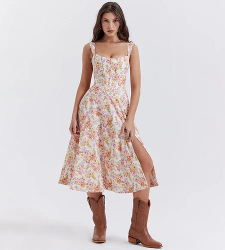 Summer Pink Floral Print Corset Dress Midi Elegant Sexy Party Dresses Holiday Birthday Casual A Line Women Clothing