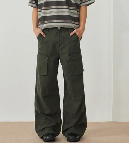 Men's Cargo Pants New American Style Multi Pockets High Street Straight Wide Leg Pants Solid Color Male Trousers 9W1898