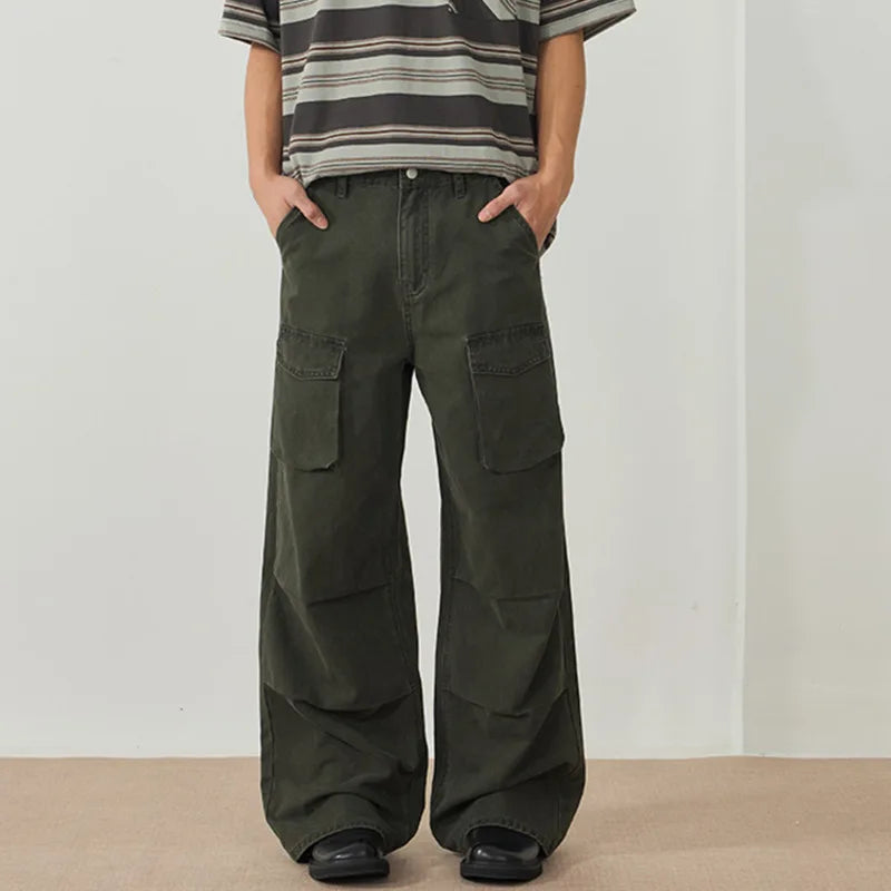 Men's Cargo Pants New American Style Multi Pockets High Street Straight Wide Leg Pants Solid Color Male Trousers 9W1898