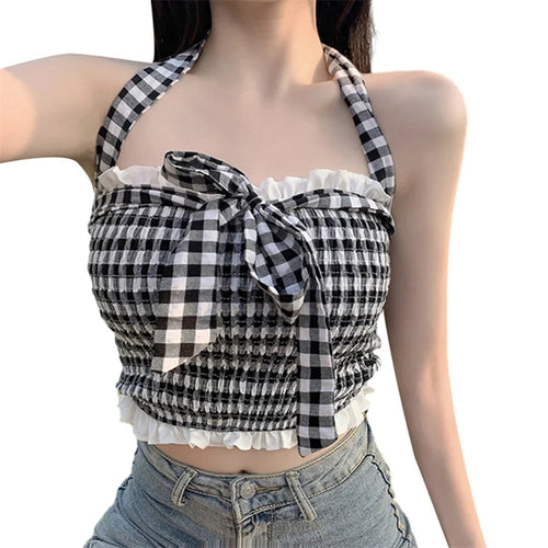 Load image into Gallery viewer, 2000s Girls Clothes Women Plaid Ruffle Sleeveless Backless Halter Neck Crop Top Fairycore Tee y2k Clothing Streetwear
