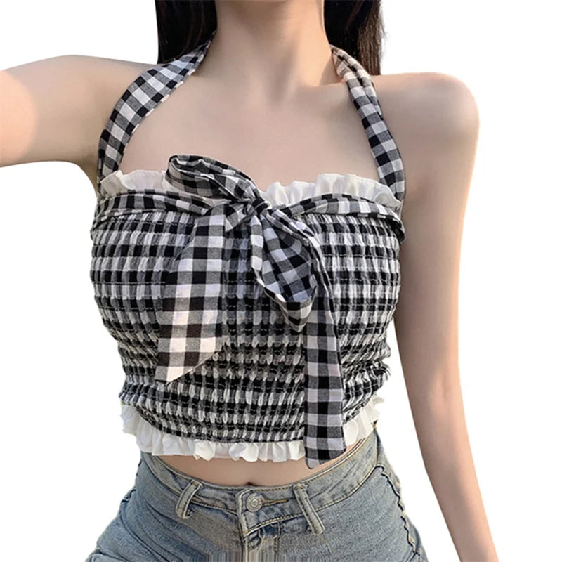 2000s Girls Clothes Women Plaid Ruffle Sleeveless Backless Halter Neck Crop Top Fairycore Tee y2k Clothing Streetwear