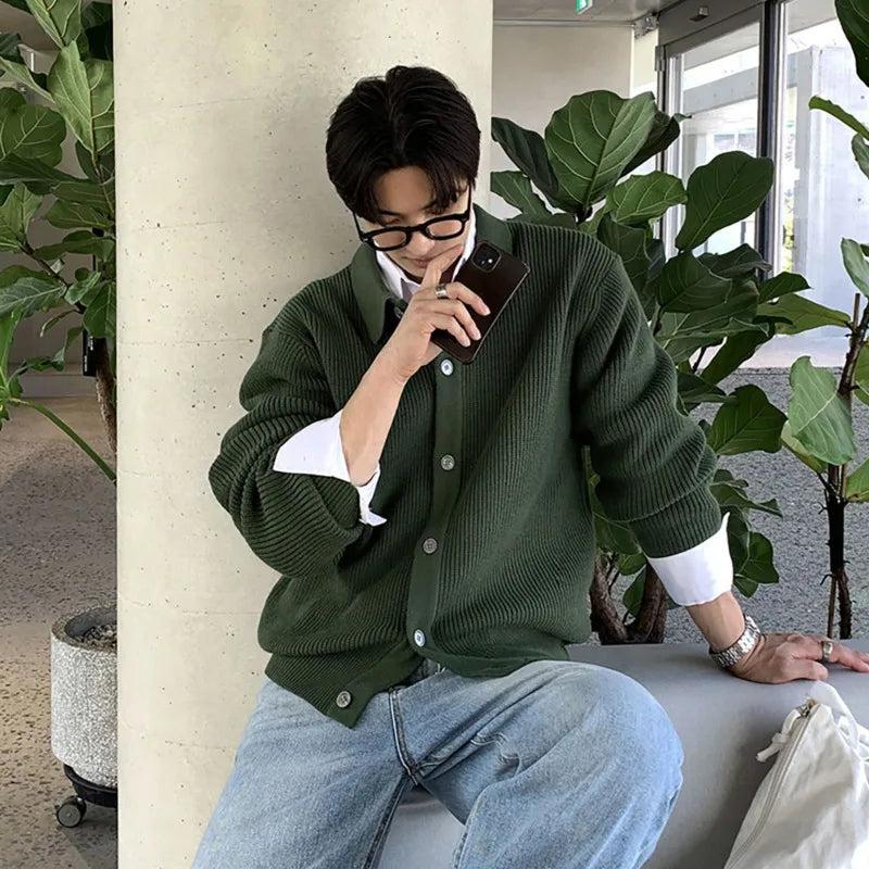 Men's Sweater New Korean Style Loose Knitted Cardigan Single Breasted Trendy Simple Turn-down Collar Pullover Top 9W1817