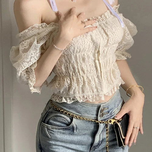 Load image into Gallery viewer, French Style Lace Embroidery Slim Women Blouse Puff Sleeve Sexy Solid Color Square Neck Office Lady Elegant Chic Blouses
