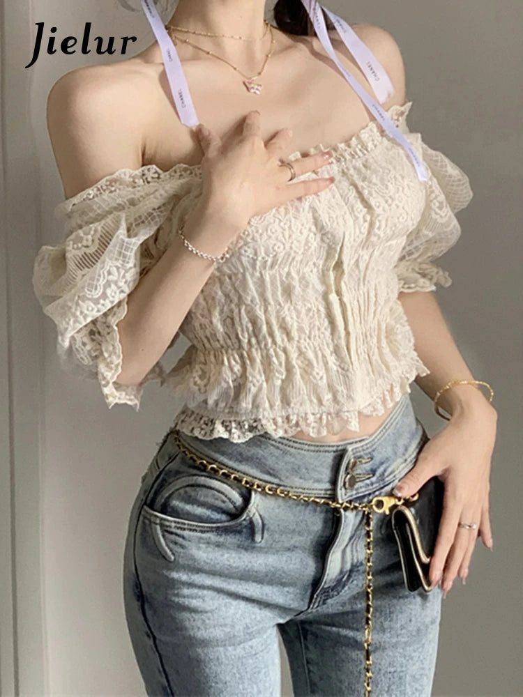 French Style Lace Embroidery Slim Women Blouse Puff Sleeve Sexy Solid Color Square Neck Office Lady Elegant Chic Blouses