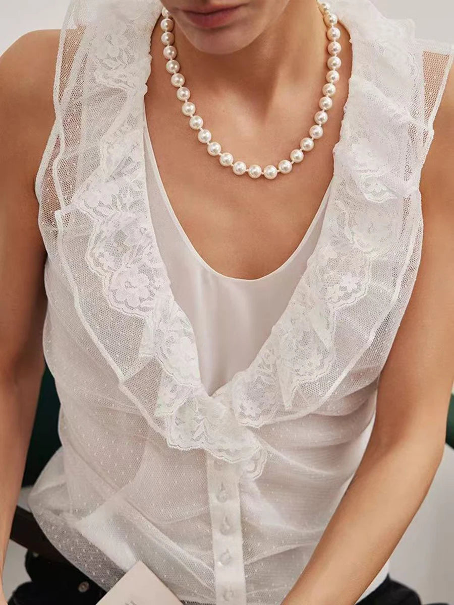 Hit Color Slimming Two Piece Sets for Women V Neck Long Spliced Embroidery Cardigan Patchwork Lace Vest Set Female