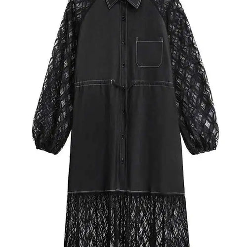 Load image into Gallery viewer, Women Black Denim Lace Perspective Big Size Shirt Dress New Lapel Long Sleeve Fashion Tide Spring Autumn 2025 1DH702001
