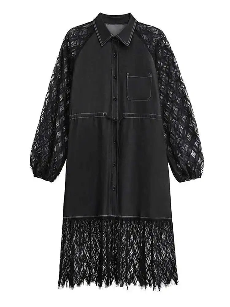 Women Black Denim Lace Perspective Big Size Shirt Dress New Lapel Long Sleeve Fashion Tide Spring Autumn 2025 1DH702001