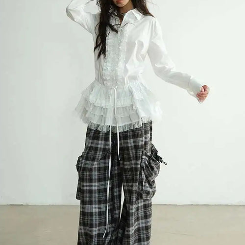 Load image into Gallery viewer, High Elastic Waist Gray Plaid Big Pocket Long Casual Pants New Trousers Women Fashion Tide Spring Autumn 2025 1DH8256
