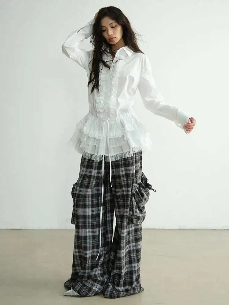 High Elastic Waist Gray Plaid Big Pocket Long Casual Pants New Trousers Women Fashion Tide Spring Autumn 2025 1DH8256