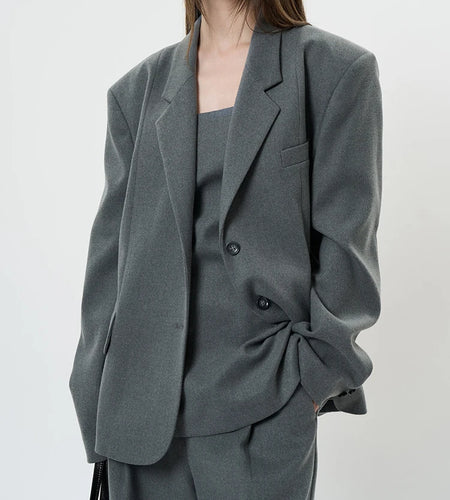 Women Gray Brief Shaped Elegant Big Size Blazer New Lapel Long Sleeve Jacket Fashion Tide Spring Autumn 2025 1DH9578