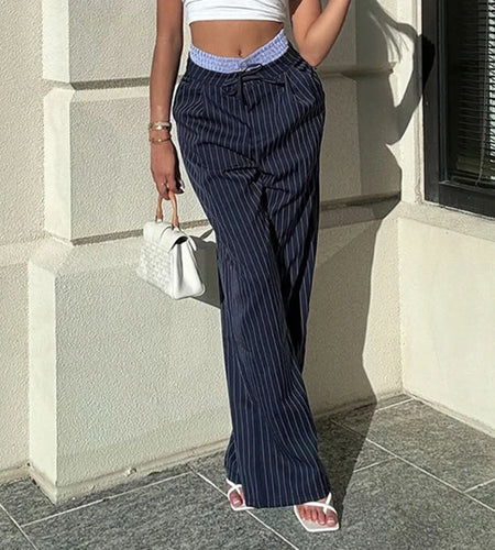 Streetwear Striped Waist Patched Straight Leg Pants Women's Harajuku Botton-Fly Full Length Trousers 2025 New Bottoms