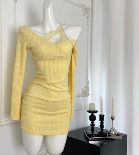 Korean Fashion Yellow Lace Elegant Office Lady Slim Mini Dress Women's Autumn New Pink Temperament Long Sleeves Short Dress Chic