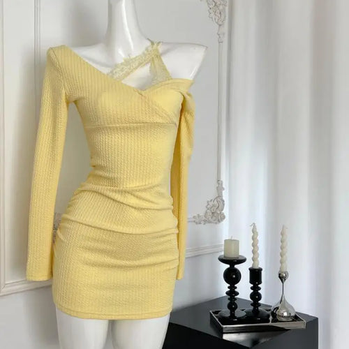 Load image into Gallery viewer, Korean Fashion Yellow Lace Elegant Office Lady Slim Mini Dress Women's Autumn New Pink Temperament Long Sleeves Short Dress Chic
