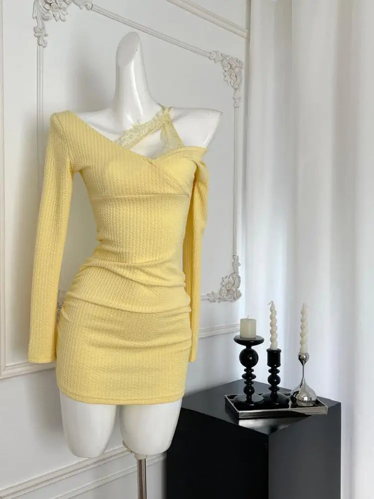 Korean Fashion Yellow Lace Elegant Office Lady Slim Mini Dress Women's Autumn New Pink Temperament Long Sleeves Short Dress Chic