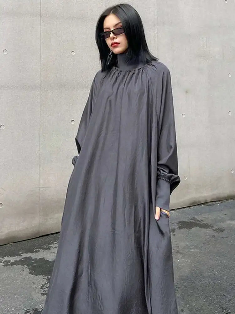Women Gray Brief Long Big Size Elegant Dress New Turtleneck Long Sleeve Loose Fit Fashion Tide Spring Autumn 2025 1DH0252