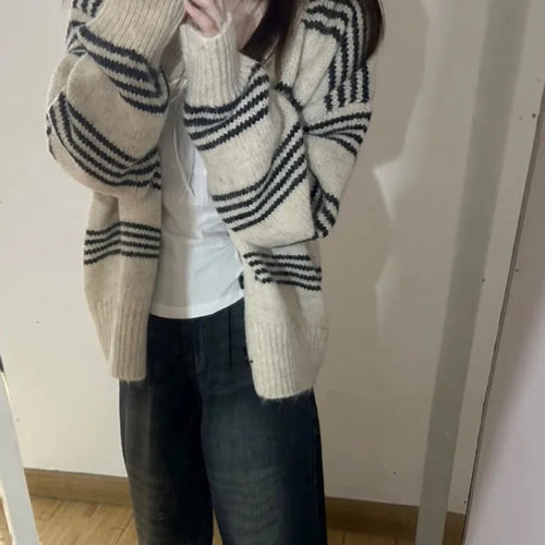Load image into Gallery viewer, Patchwork Contrast Color Striped Knitted Cardigans Women Y2k Aesthetic Single Breasted Coats New Streetwear Casual Loose Sweater
