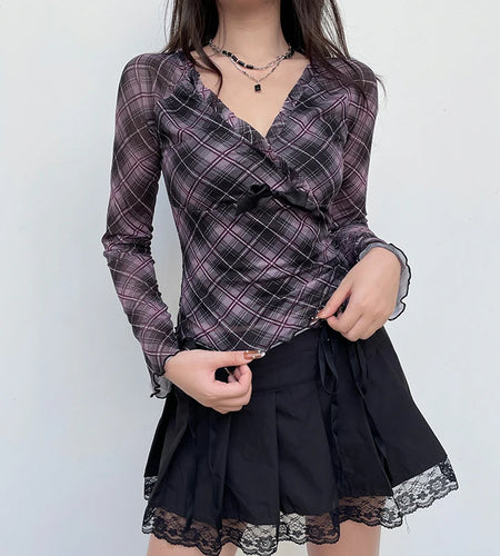 Y2K Aesthetic Frill Plaid Tshirt Mesh Top V Neck Chic Bow Ruffles Autumn Tee Shirts Female Clothing Vintage Fashion
