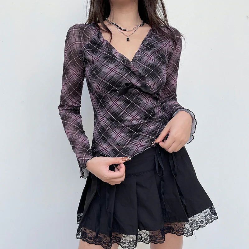 Y2K Aesthetic Frill Plaid Tshirt Mesh Top V Neck Chic Bow Ruffles Autumn Tee Shirts Female Clothing Vintage Fashion