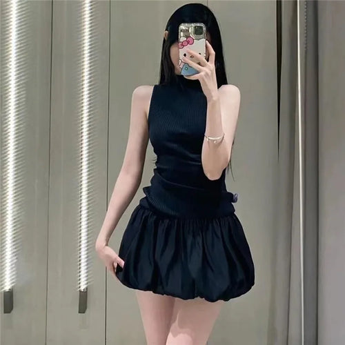 Load image into Gallery viewer, Hollow Out Backless Sleeveless Mini Dress For Women Summer New Fashion Solid O Neck Slim Pleated Dress Elegant 2024
