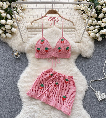 Strawberry Sweet Beach Two Pieces Sets Halter Backless Camis+Short Skirts Fashion Hook Flower Hollow Out Beach Suits
