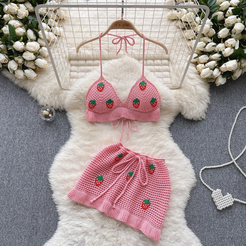 Load image into Gallery viewer, Strawberry Sweet Beach Two Pieces Sets Halter Backless Camis+Short Skirts Fashion Hook Flower Hollow Out Beach Suits
