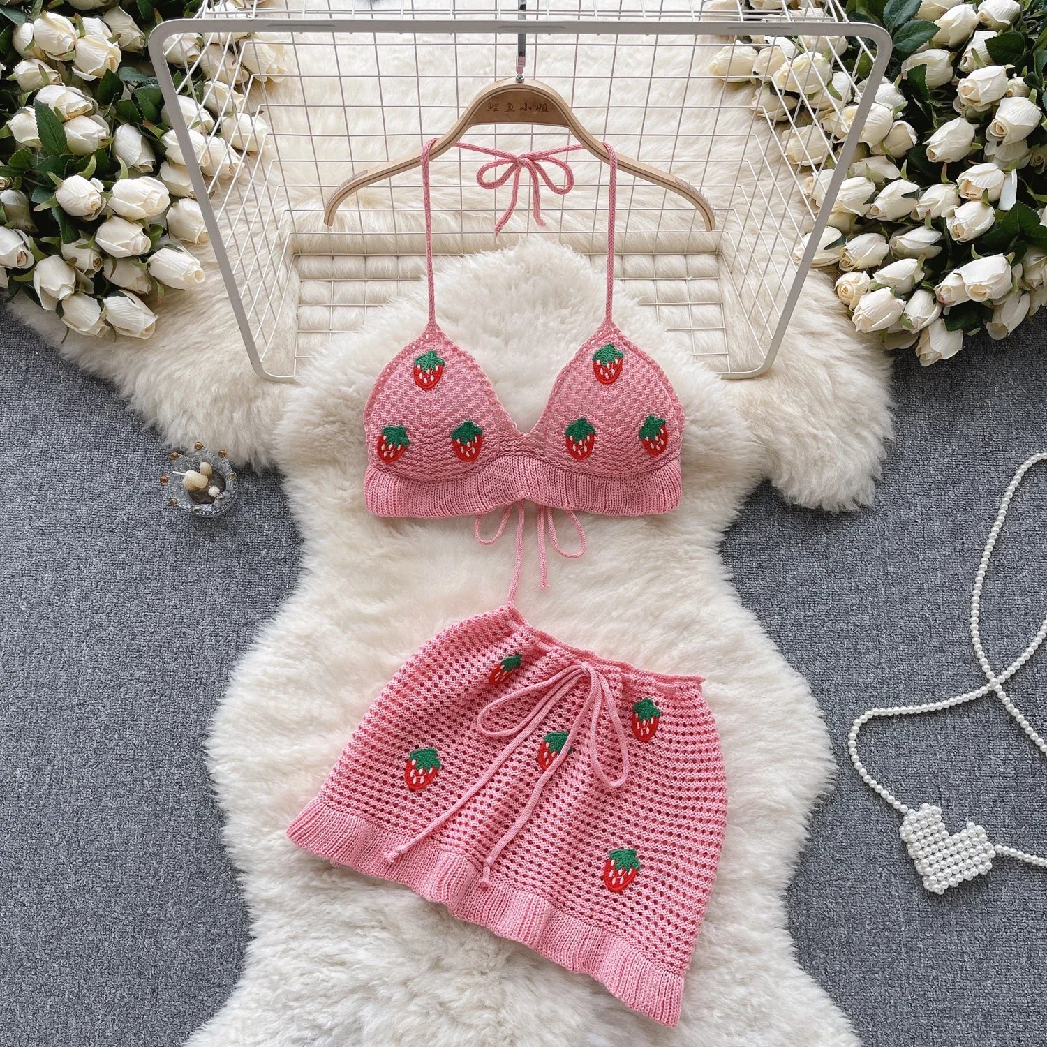 Strawberry Sweet Beach Two Pieces Sets Halter Backless Camis+Short Skirts Fashion Hook Flower Hollow Out Beach Suits