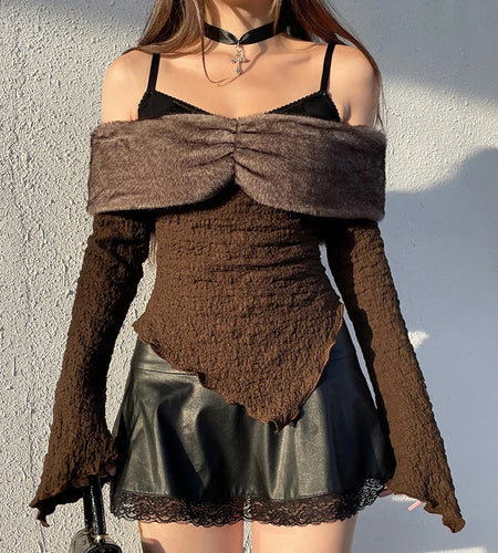 y2k Tops for Women Fairycore Grunge Clothing Faux Fur Collar Off Shoulder Long Sleeve Asymmetric Hem Tshirts Streetwear