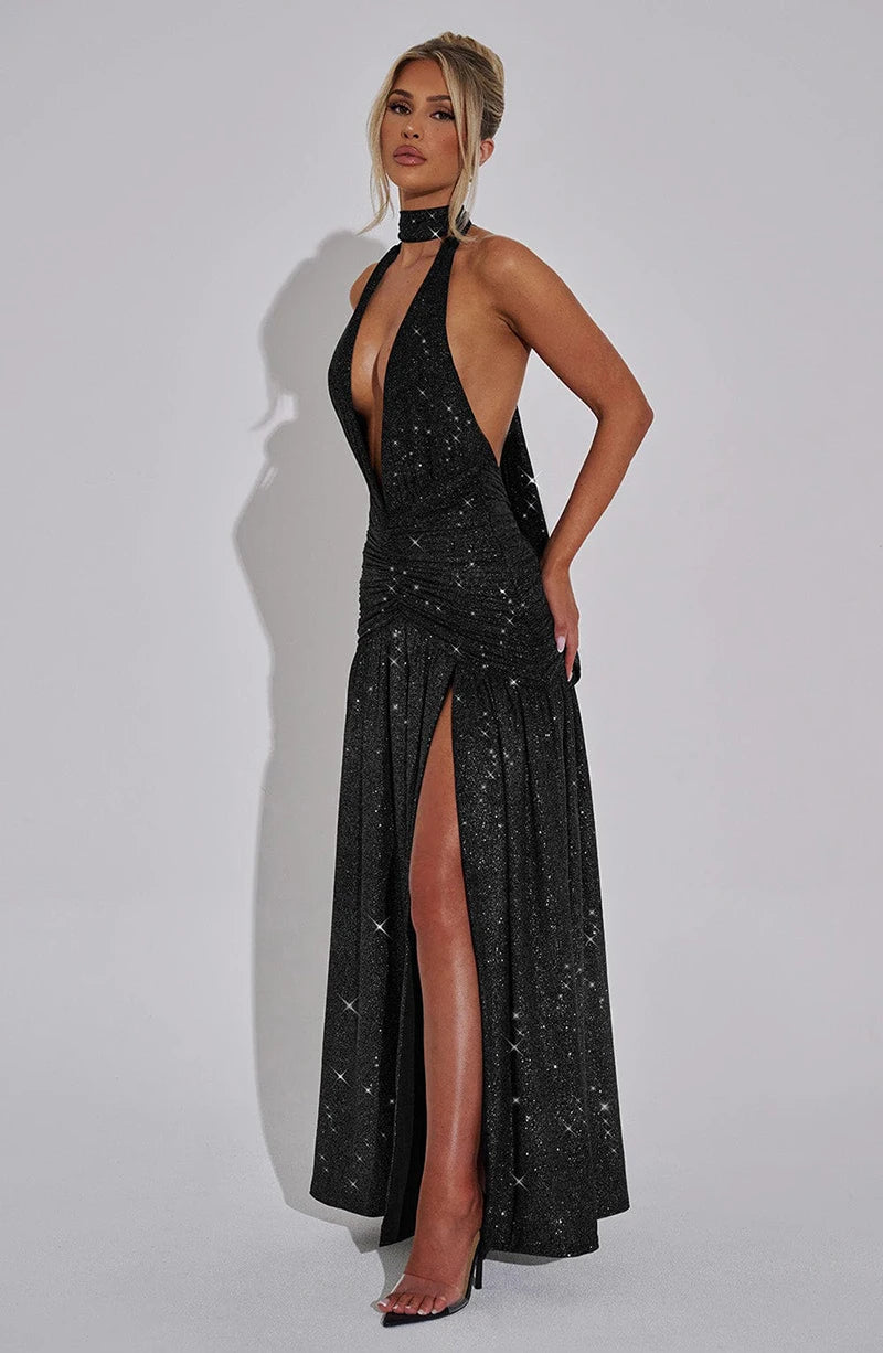 Glitter Deep V Neck Sexy Maxi Dress For Women 2025 Fashion Sparkle Halter Sleeveless Backless Split Club Long Dress