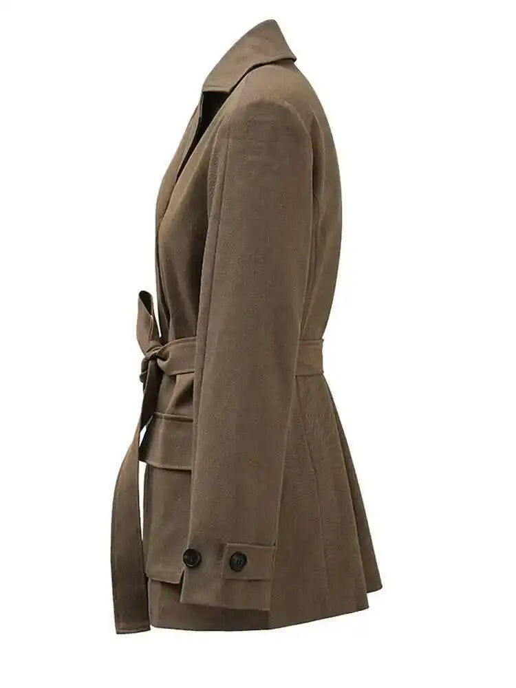Women Khaki Single Breasted Belted Pocket Elegant Blazer New Lapel Long Sleeve Jacket Fashion Spring Autumn 2025 CPDB212
