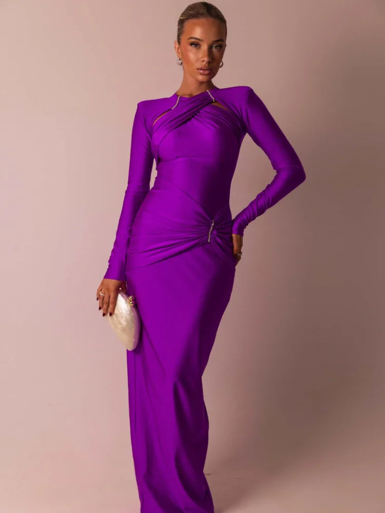 Elegant Elastic Tight Bright Diamond Party Club Evening Dress Women Long Sleeve Bodycon Fold Maxi Winter 2025 Vestidos
