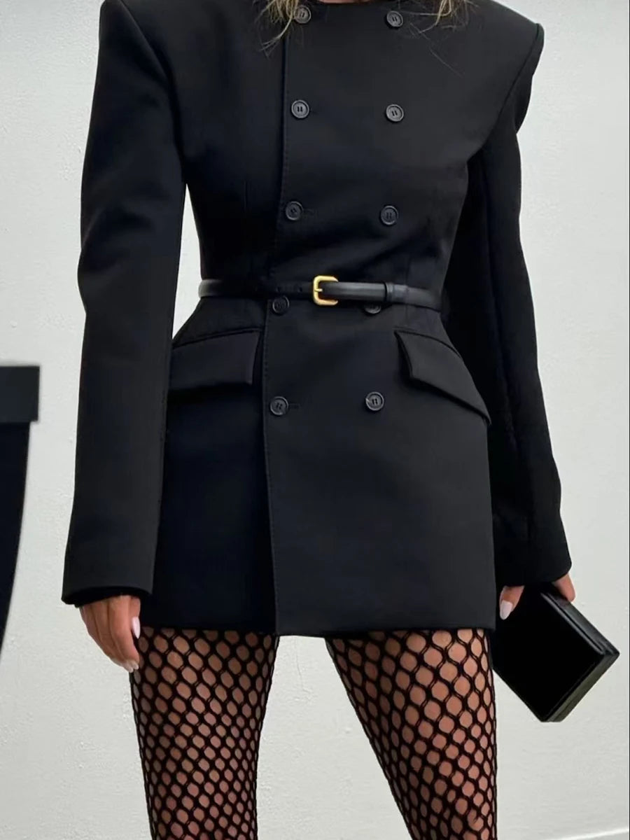 Slimming Spliced Double Breasted Temperament Blazers for Women Round Neck Long Sleeves Tunic Blazer Female Clothing