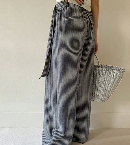 High Elastic Waist Gray Striped Bandage Casual Wide Leg Pants New Trousers Women Fashion Tide Spring Autumn 2025 1DJ1492