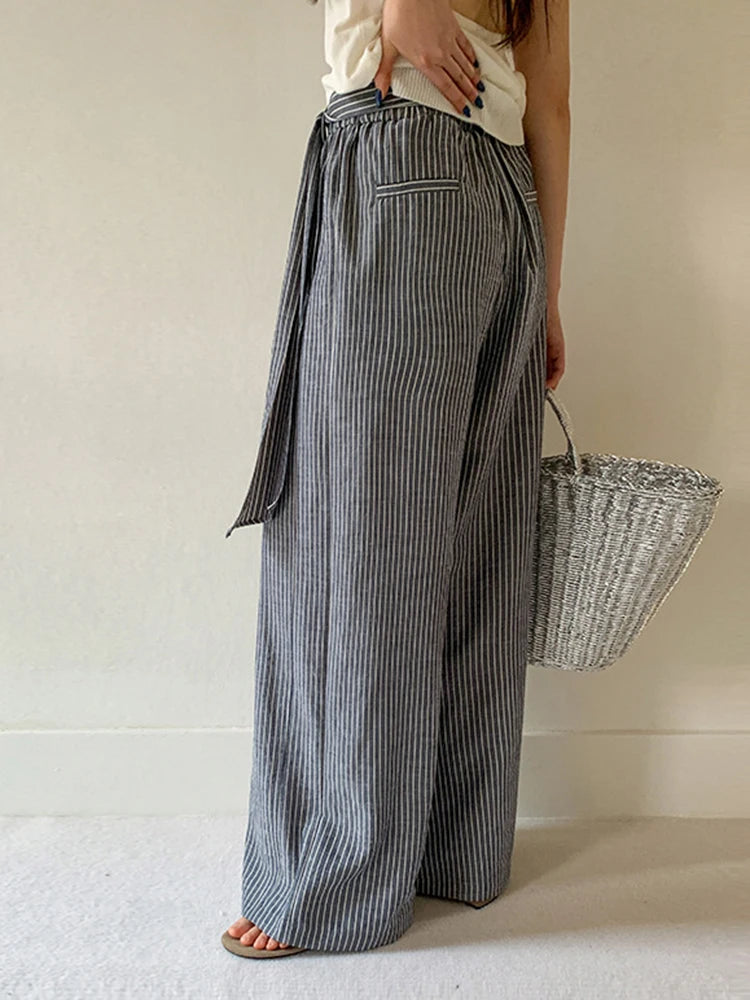 High Elastic Waist Gray Striped Bandage Casual Wide Leg Pants New Trousers Women Fashion Tide Spring Autumn 2025 1DJ1492
